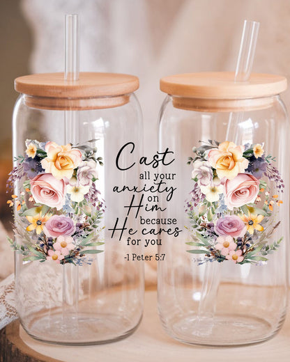 Christian Glass Tumbler Cast all Your Anxiety on Him UV DTF wrap