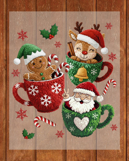 Christmas Mugs Faux Yarn Hot Cocoa DTF Transfer Ready to Press, Trendy Christmas Heat Transfer For Shirt, Latch Hook Yarn UV Sticker