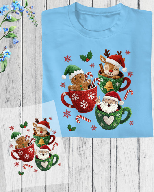 Christmas Mugs Faux Yarn Hot Cocoa DTF Transfer Ready to Press, Trendy Christmas Heat Transfer For Shirt, Latch Hook Yarn UV Sticker