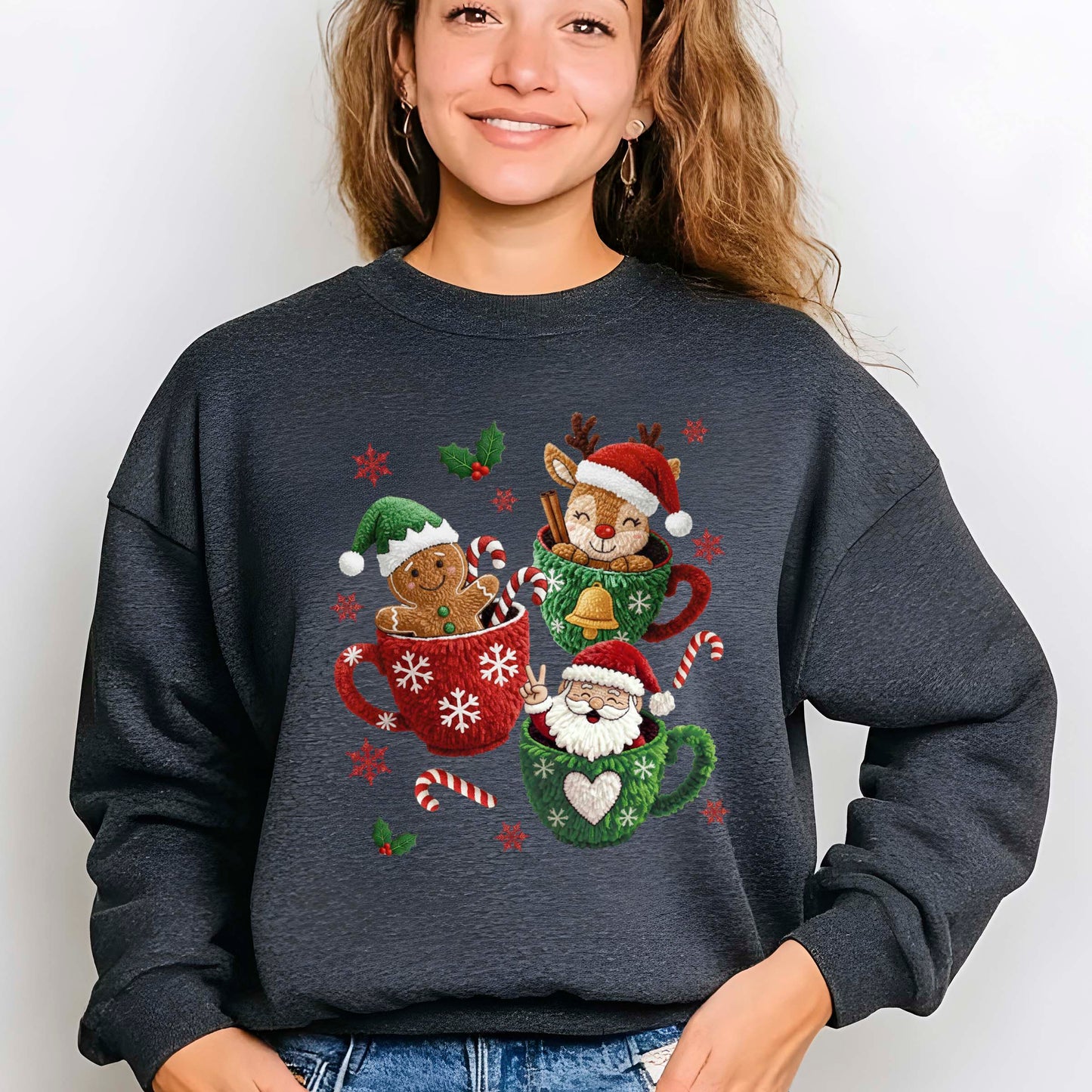 Christmas Mugs Faux Yarn Hot Cocoa Sweatshirt, Trendy Christmas Shirt, Latch Hook Yarn Youth Sweater Shirts