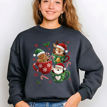 Christmas Mugs Faux Yarn Hot Cocoa Sweatshirt, Trendy Christmas Shirt, Latch Hook Yarn Youth Sweater Shirts