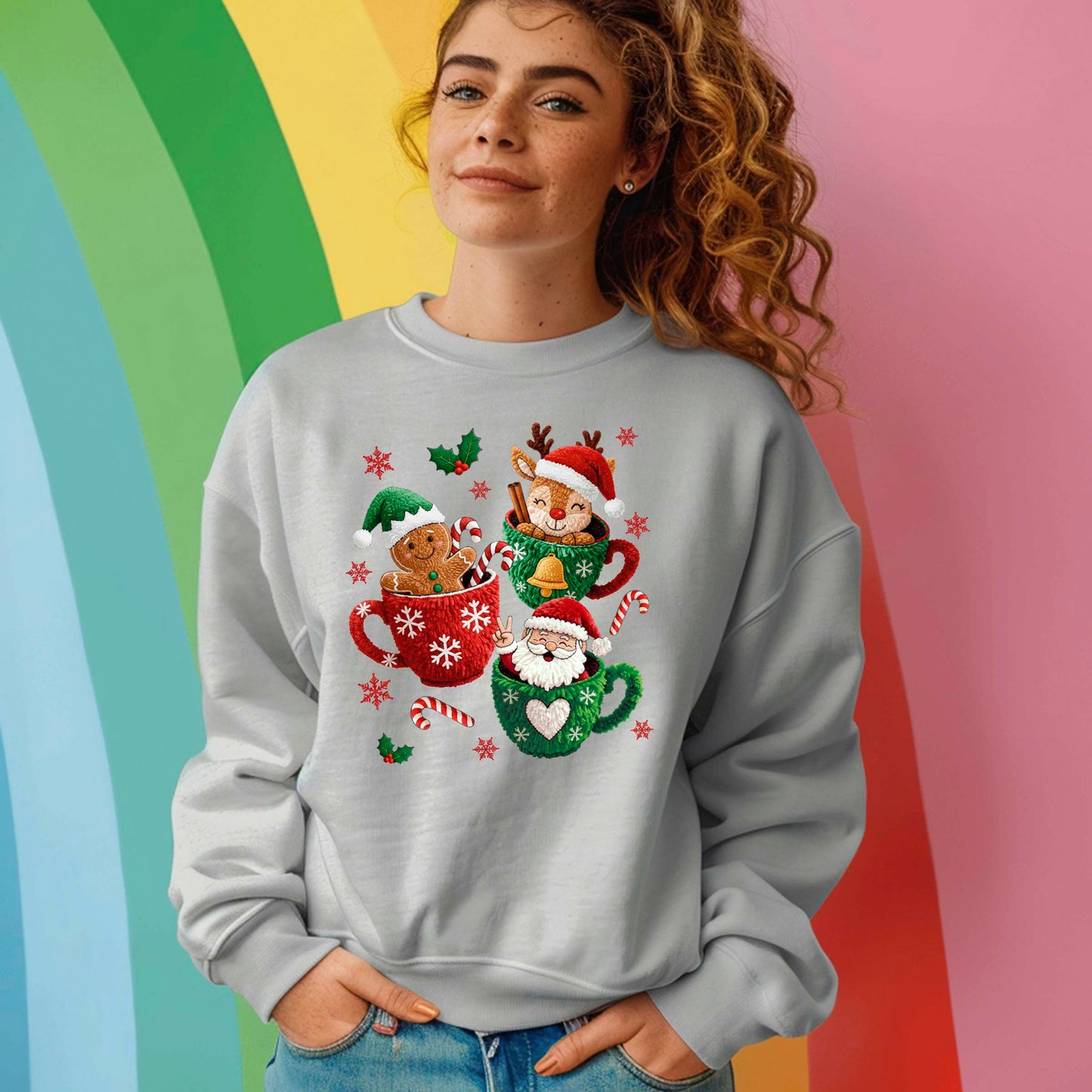 Christmas Mugs Faux Yarn Hot Cocoa Sweatshirt, Trendy Christmas Shirt, Latch Hook Yarn Youth Sweater Shirts