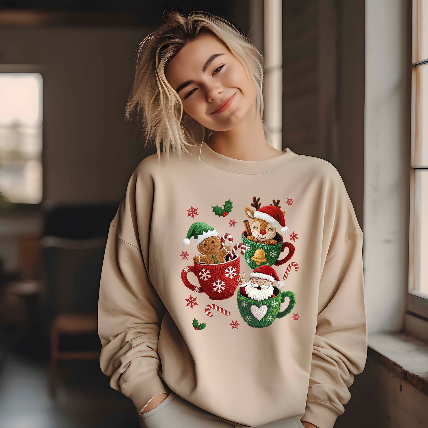 Christmas Mugs Faux Yarn Hot Cocoa Sweatshirt, Trendy Christmas Shirt, Latch Hook Yarn Youth Sweater Shirts