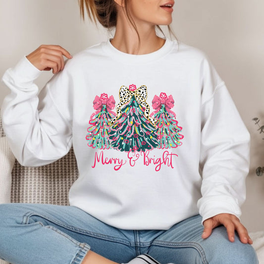 Christmas Sweatshirt, Merry & Bright Xmas Tree Shirt, Pink Holiday Festive Bow Lights Sweater, Merry Christmas Mom Gifts