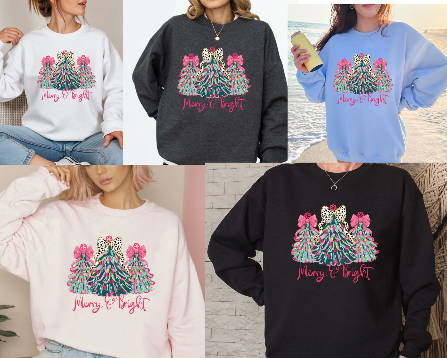 Christmas Sweatshirt, Merry & Bright Xmas Tree Shirt, Pink Holiday Festive Bow Lights Sweater, Merry Christmas Mom Gifts