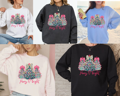 Christmas Sweatshirt, Merry & Bright Xmas Tree Shirt, Pink Holiday Festive Bow Lights Sweater, Merry Christmas Mom Gifts