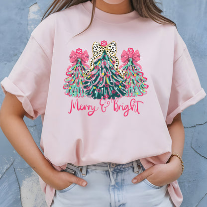 Christmas Sweatshirt, Merry & Bright Xmas Tree Shirt, Pink Holiday Festive Bow Lights Sweater, Merry Christmas Mom Gifts
