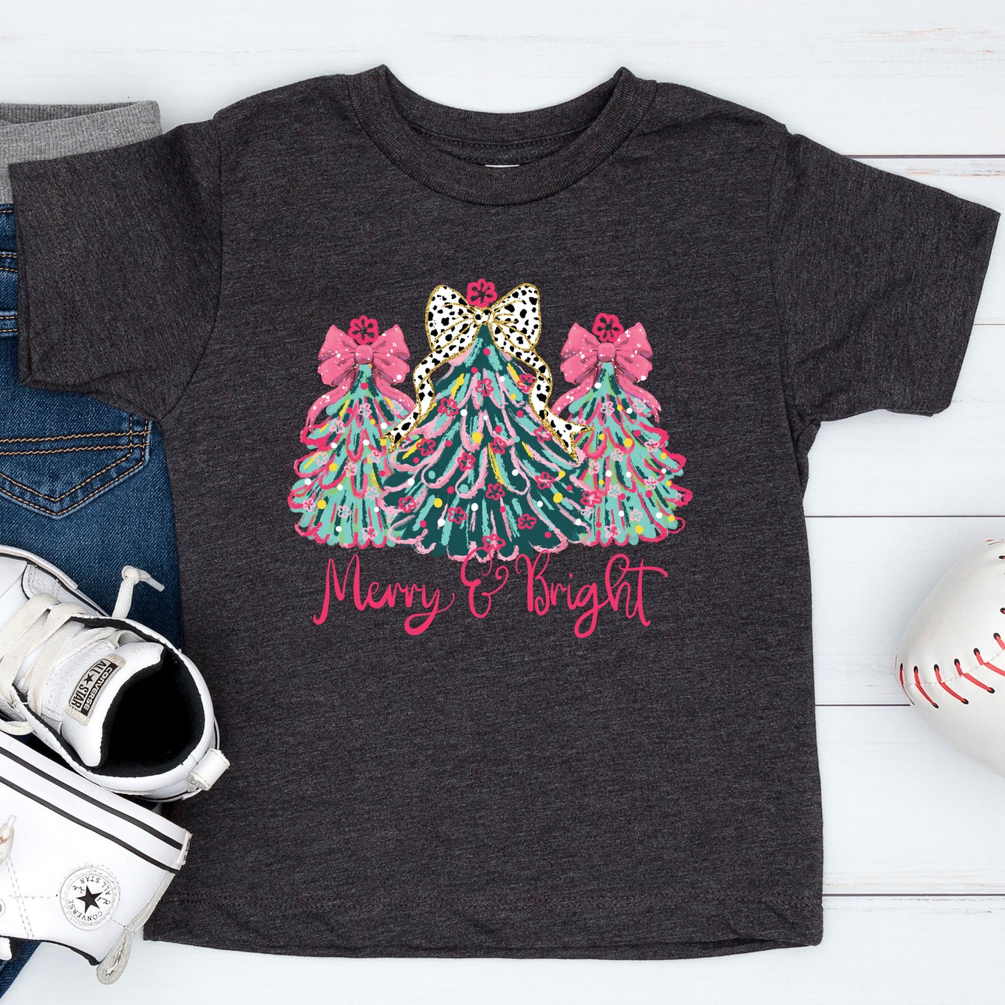 Christmas Sweatshirt, Merry & Bright Xmas Tree Shirt, Pink Holiday Festive Bow Lights Sweater, Merry Christmas Mom Gifts