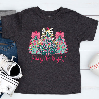 Christmas Sweatshirt, Merry & Bright Xmas Tree Shirt, Pink Holiday Festive Bow Lights Sweater, Merry Christmas Mom Gifts