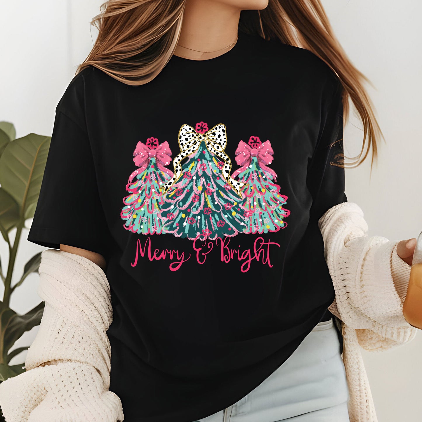 Christmas Sweatshirt, Merry & Bright Xmas Tree Shirt, Pink Holiday Festive Bow Lights Sweater, Merry Christmas Mom Gifts