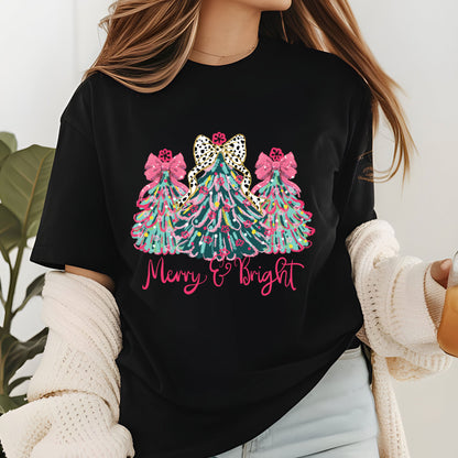 Christmas Sweatshirt, Merry & Bright Xmas Tree Shirt, Pink Holiday Festive Bow Lights Sweater, Merry Christmas Mom Gifts