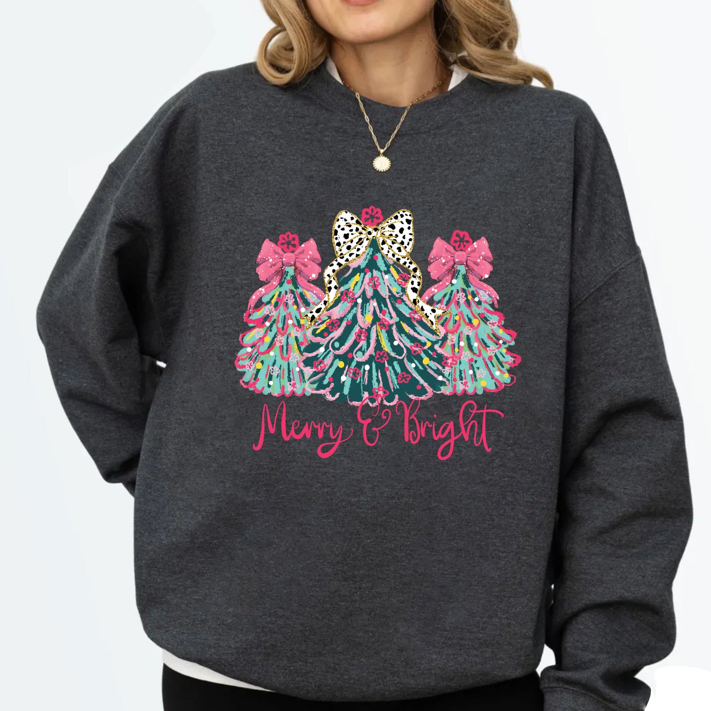 Christmas Sweatshirt, Merry & Bright Xmas Tree Shirt, Pink Holiday Festive Bow Lights Sweater, Merry Christmas Mom Gifts