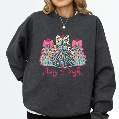 Christmas Sweatshirt, Merry & Bright Xmas Tree Shirt, Pink Holiday Festive Bow Lights Sweater, Merry Christmas Mom Gifts