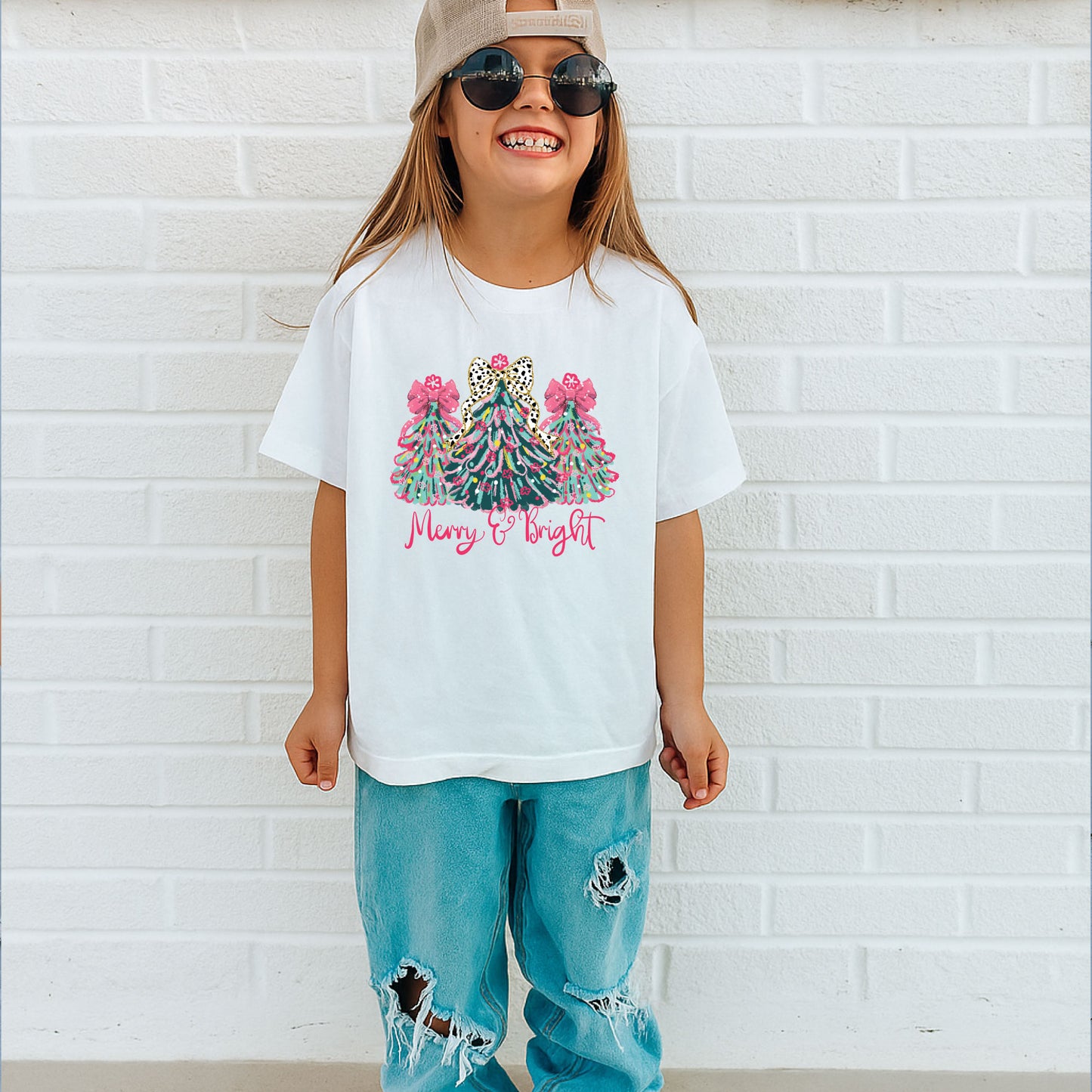 Christmas Sweatshirt, Merry & Bright Xmas Tree Shirt, Pink Holiday Festive Bow Lights Sweater, Merry Christmas Mom Gifts