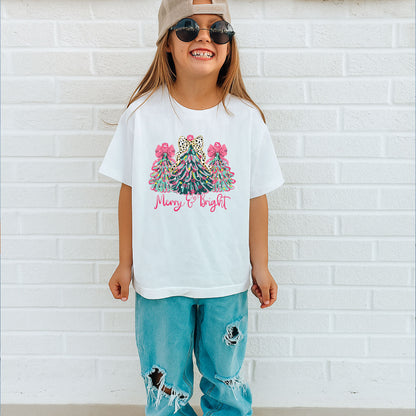 Christmas Sweatshirt, Merry & Bright Xmas Tree Shirt, Pink Holiday Festive Bow Lights Sweater, Merry Christmas Mom Gifts
