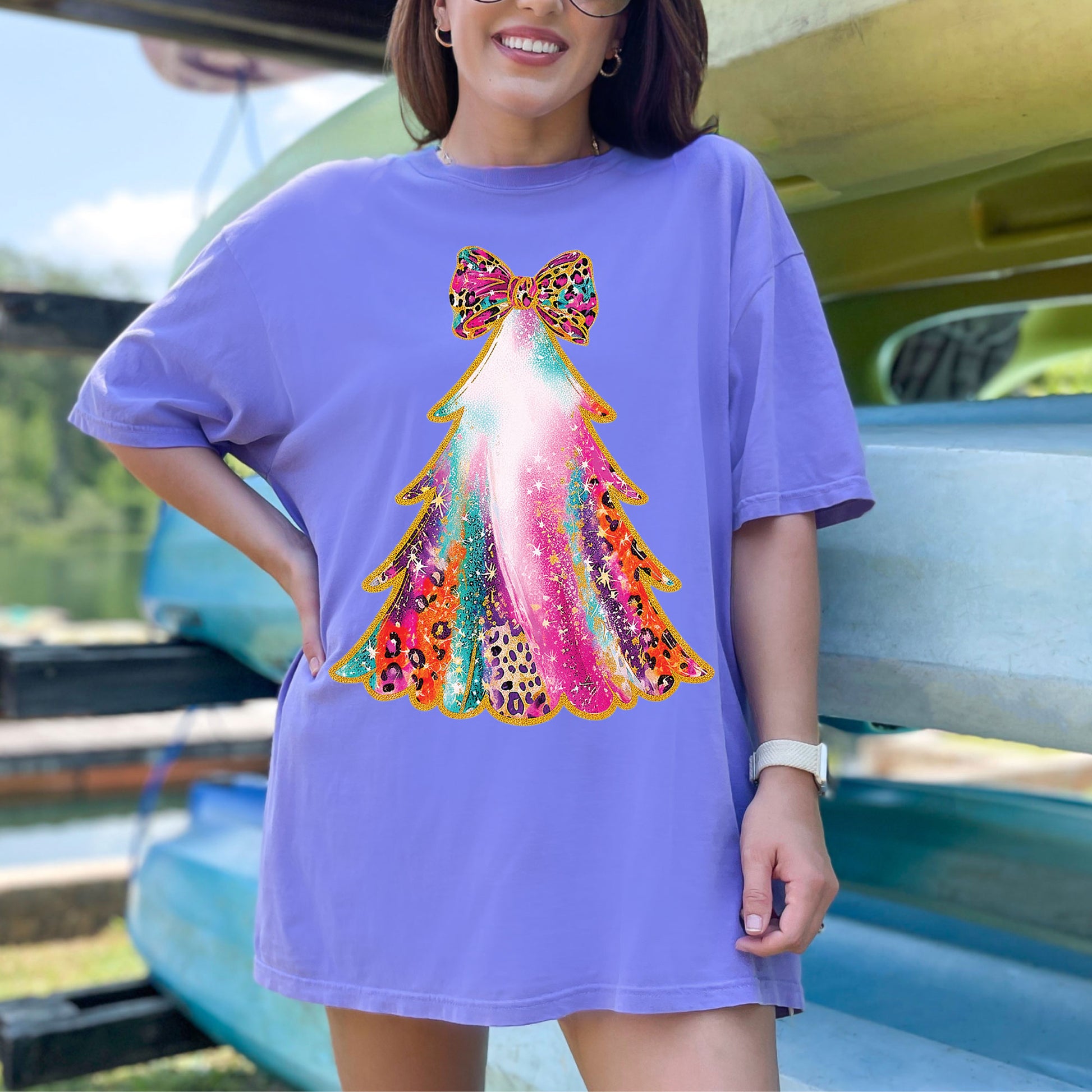 Christmas Tree Brushstrokes with Bow Faux Glitter DTF Transfer