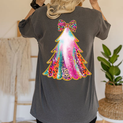 Christmas Tree Brushstrokes with Bow Faux Glitter DTF Transfer