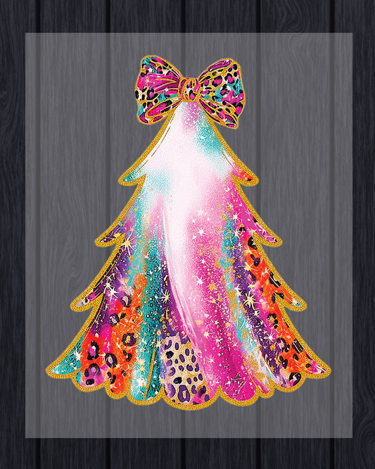 Christmas Tree Brushstrokes with Bow Faux Glitter DTF Transfer