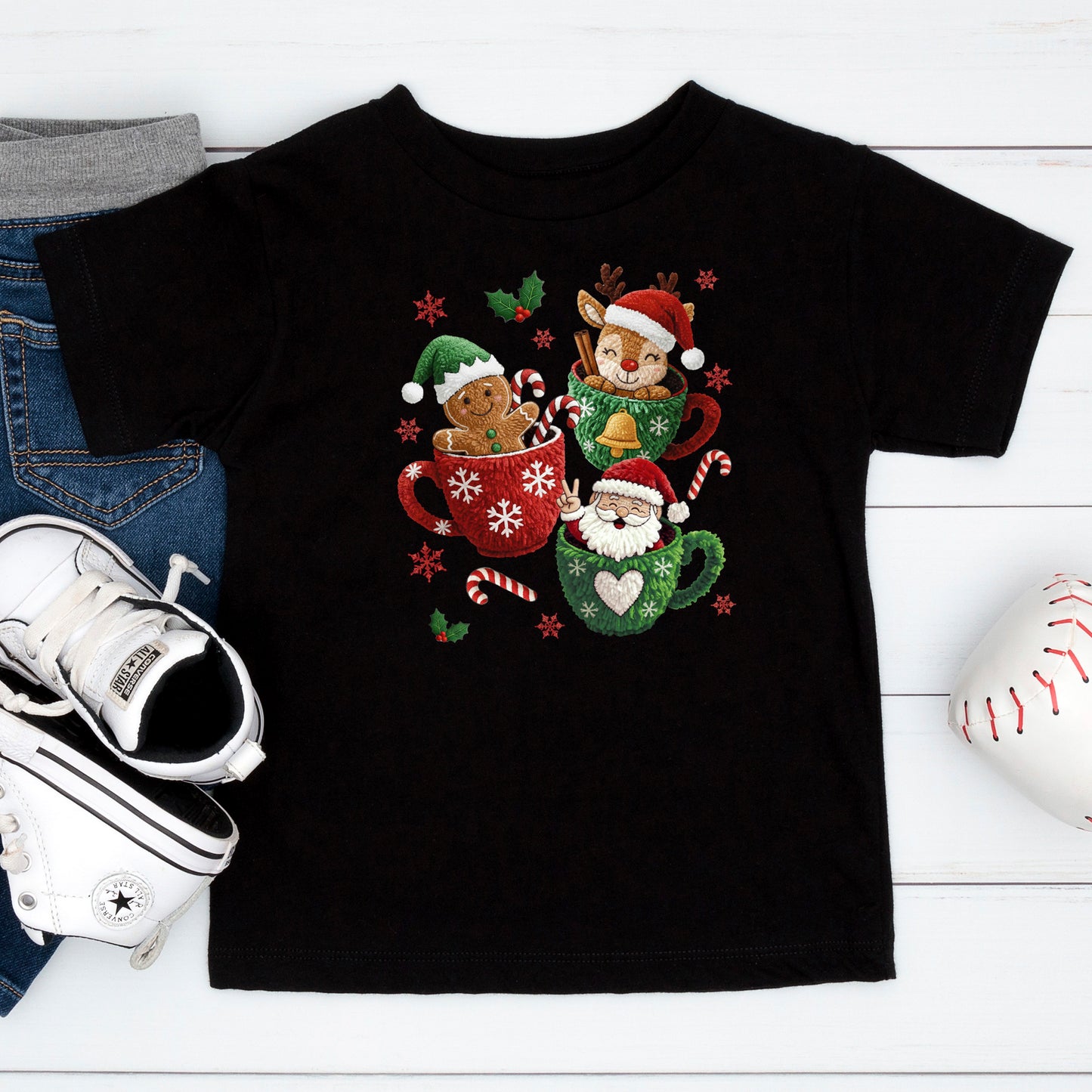 Christmas Mugs Faux Yarn Hot Cocoa Sweatshirt, Trendy Christmas Shirt, Latch Hook Yarn Youth Sweater Shirts