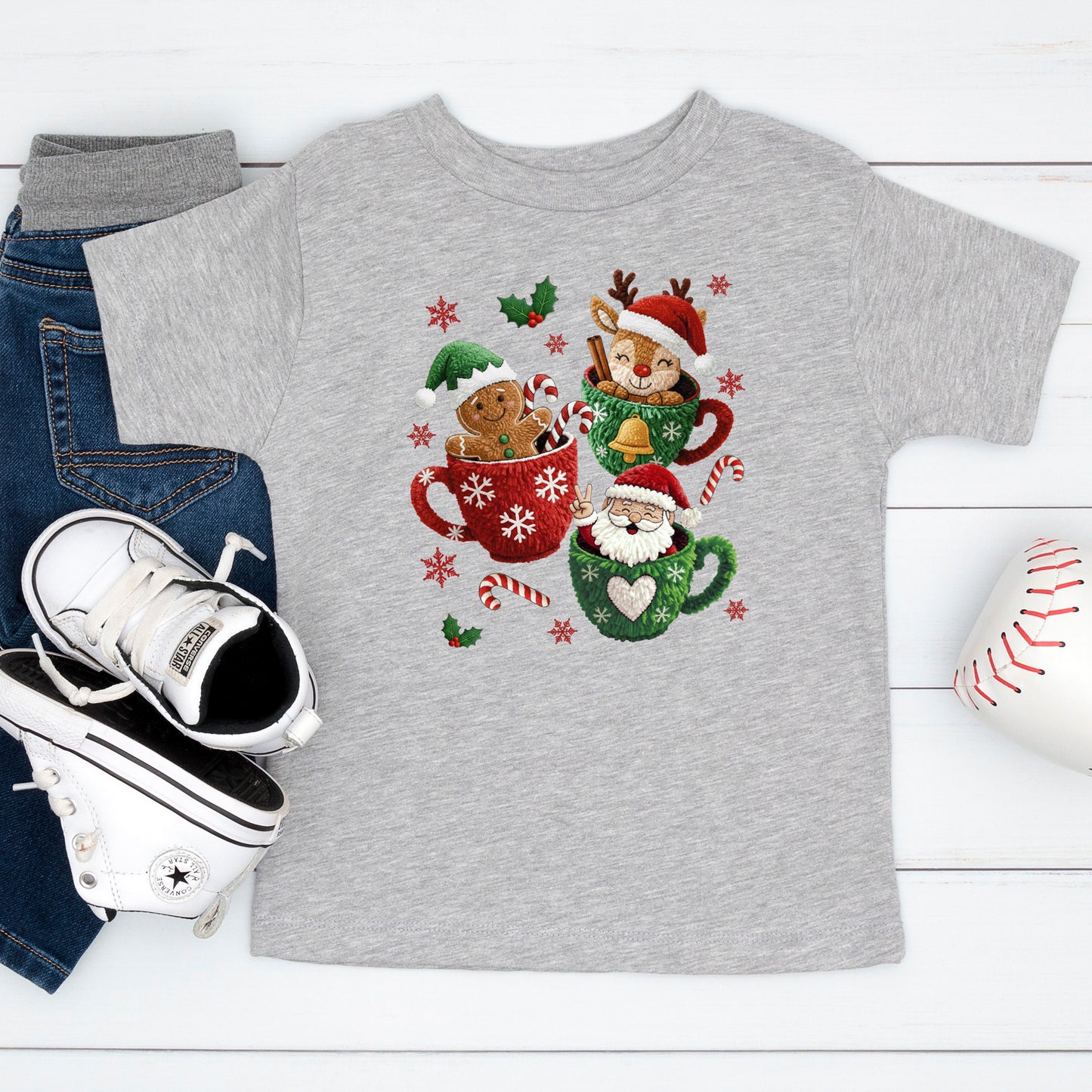 Christmas Mugs Faux Yarn Hot Cocoa Sweatshirt, Trendy Christmas Shirt, Latch Hook Yarn Youth Sweater Shirts