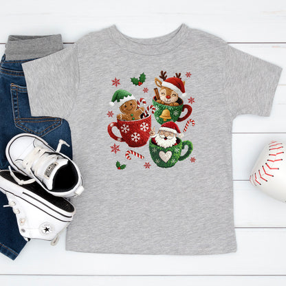 Christmas Mugs Faux Yarn Hot Cocoa Sweatshirt, Trendy Christmas Shirt, Latch Hook Yarn Youth Sweater Shirts