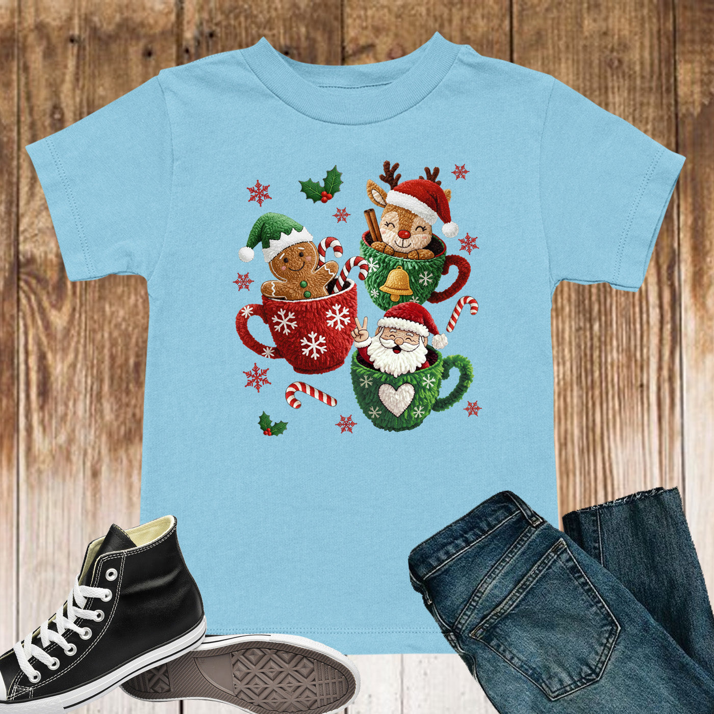 Christmas Mugs Faux Yarn Hot Cocoa Sweatshirt, Trendy Christmas Shirt, Latch Hook Yarn Youth Sweater Shirts