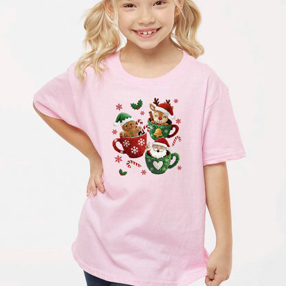 Christmas Mugs Faux Yarn Hot Cocoa Sweatshirt, Trendy Christmas Shirt, Latch Hook Yarn Youth Sweater Shirts