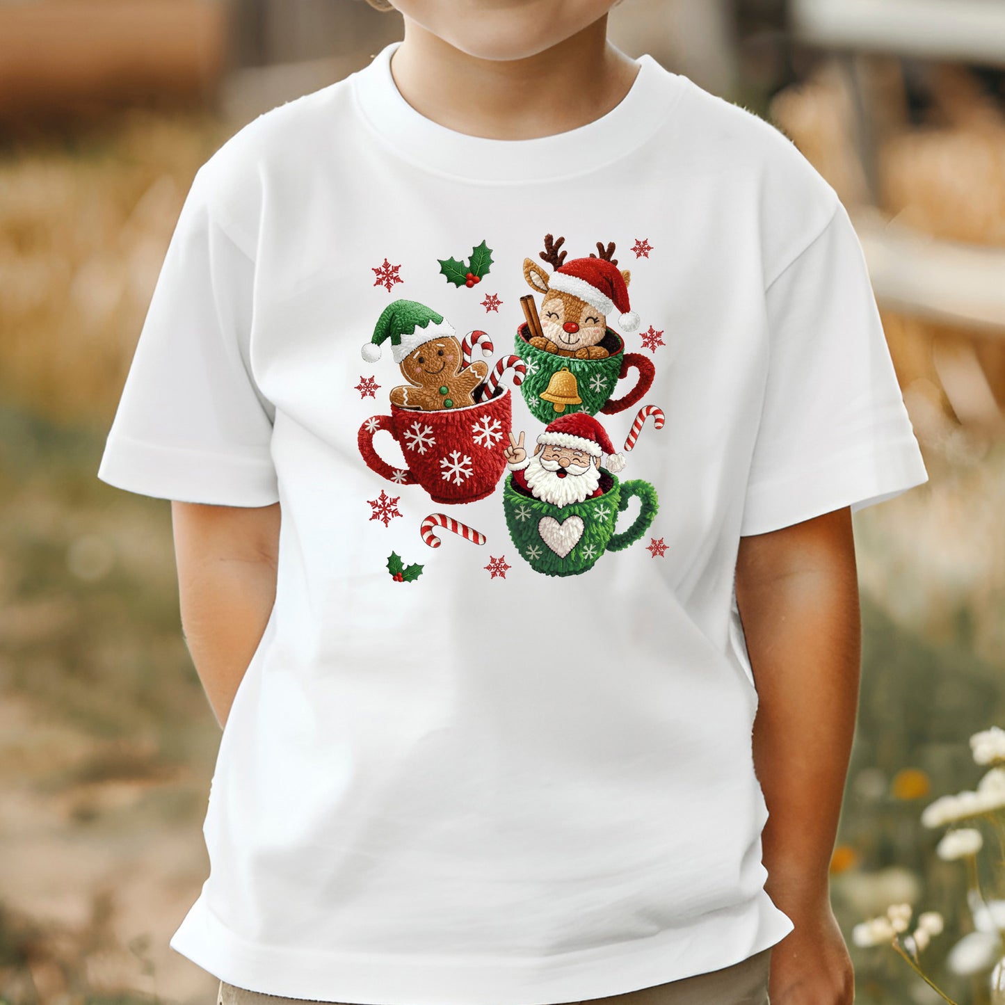 Christmas Mugs Faux Yarn Hot Cocoa Sweatshirt, Trendy Christmas Shirt, Latch Hook Yarn Youth Sweater Shirts