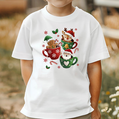 Christmas Mugs Faux Yarn Hot Cocoa Sweatshirt, Trendy Christmas Shirt, Latch Hook Yarn Youth Sweater Shirts