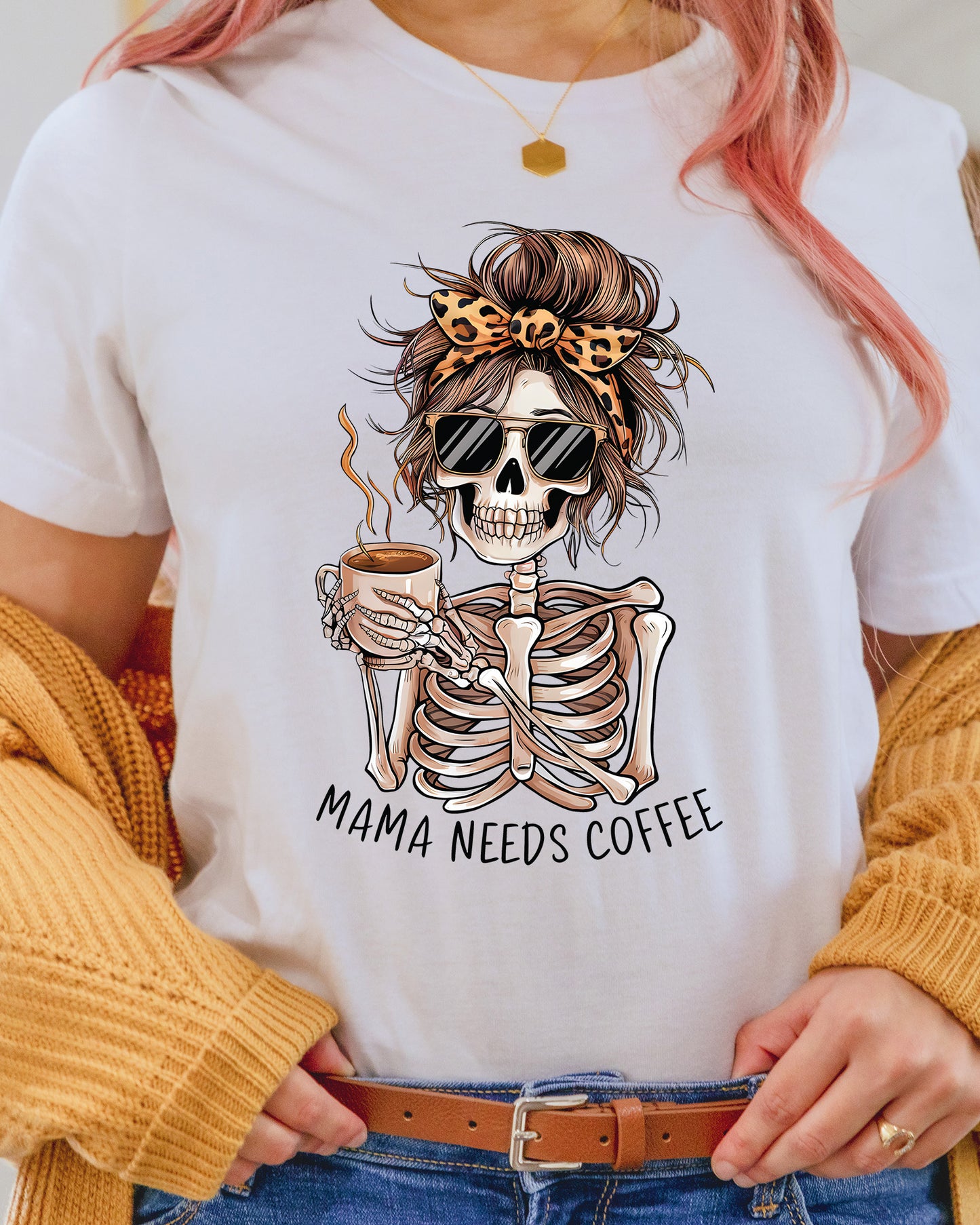 Coffee Lover Skeleton Messy Bun Mama DTF Transfer