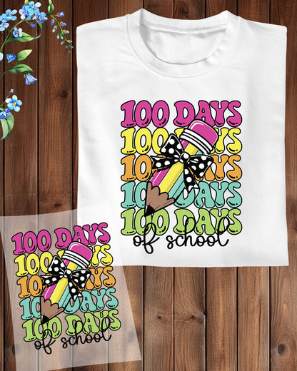 Coquette Bow Pencil 100 Days of School DTF Transfer, Ready to Press Heat Transfer for Shirts, Fun 100 Days of School Kids Design, UV Sticker