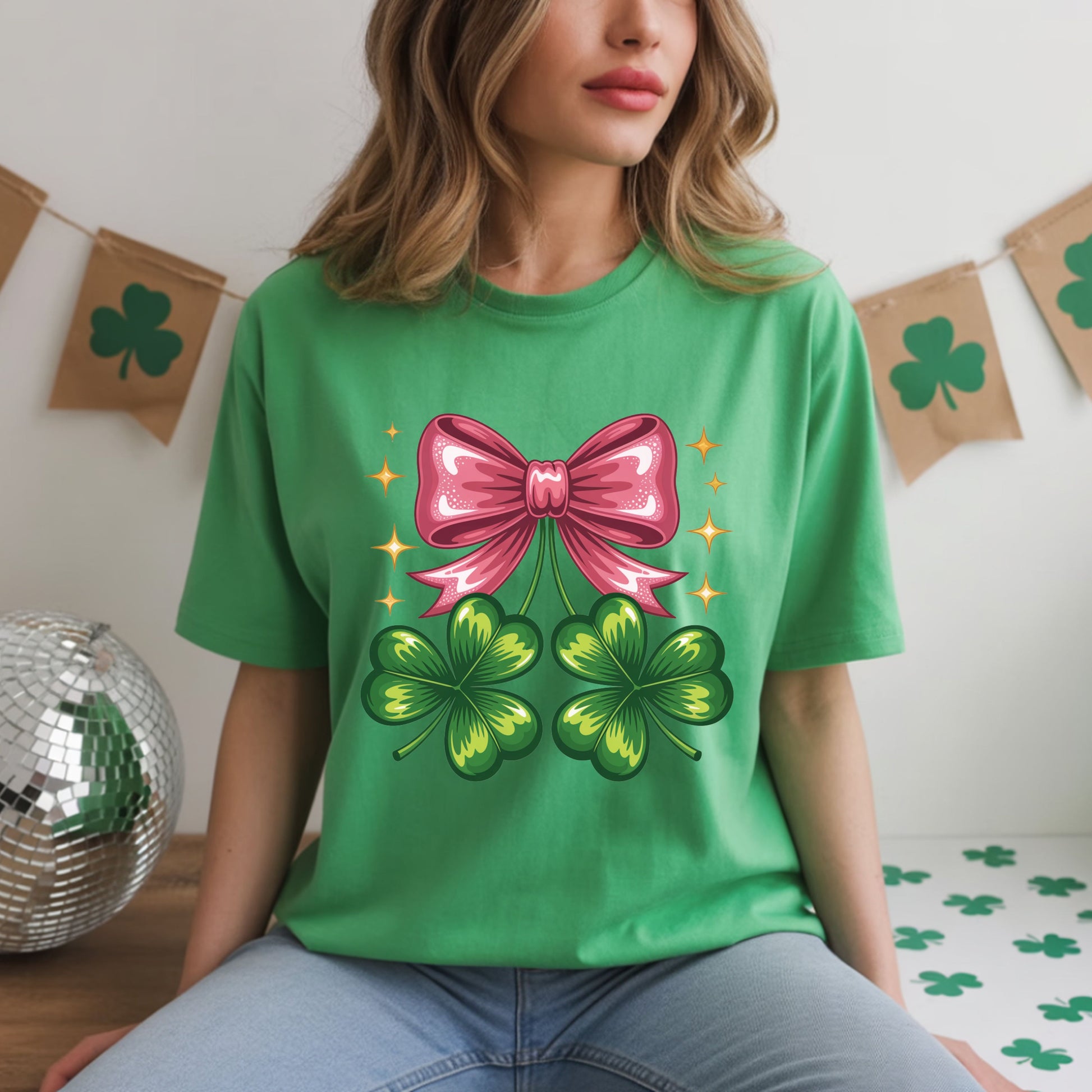 Coquette Clover Bow DTF Transfer ready to Press St Patrick’s Day Heat Transfer for Shirts Irish UV Sticker Prints Iron on Transfer
