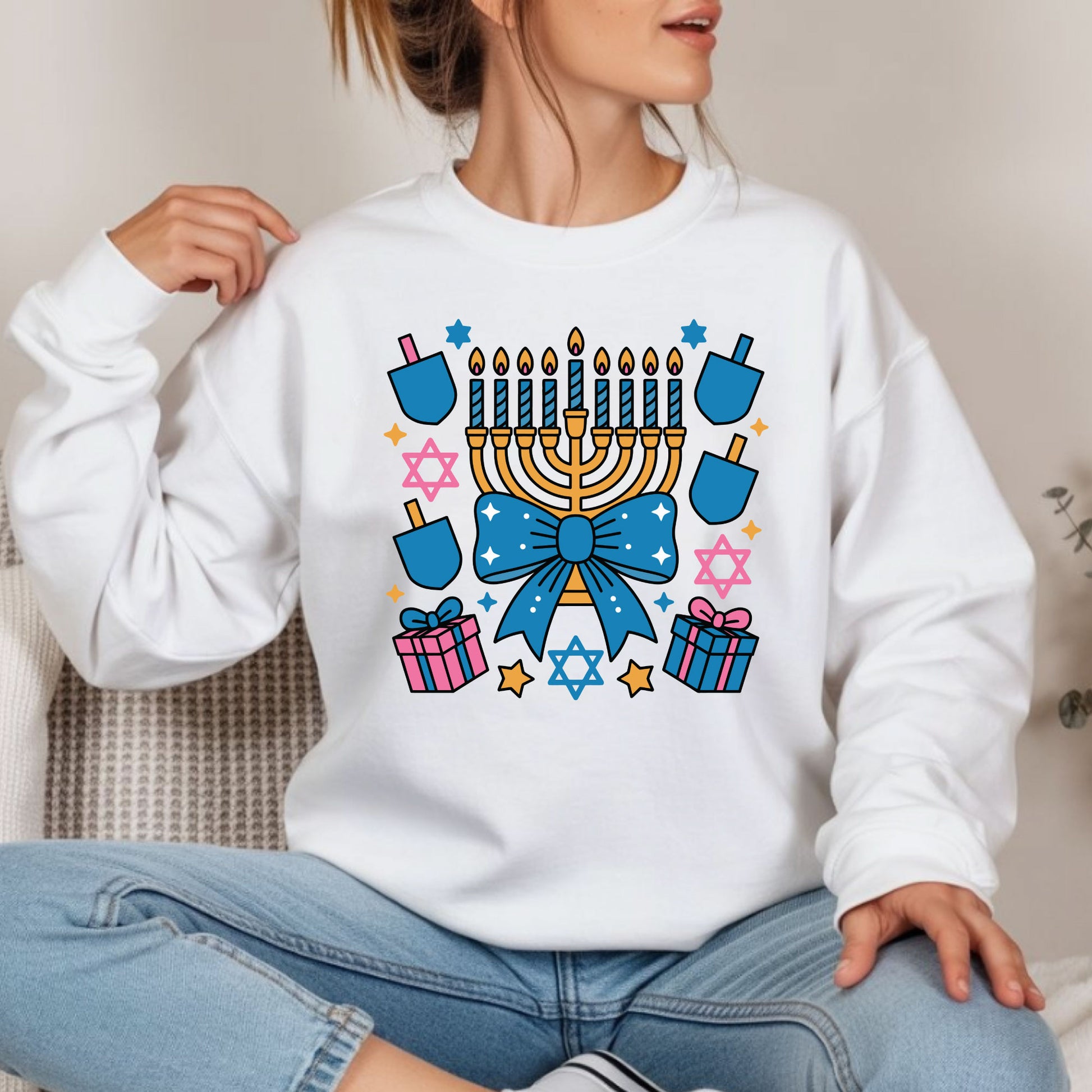 Coquette Hanukkah Sweatshirt, Jewish Shirt, Menorah Family Tees, Retro Hanukkah TShirt, Hanukkah Party Shirts Sweater