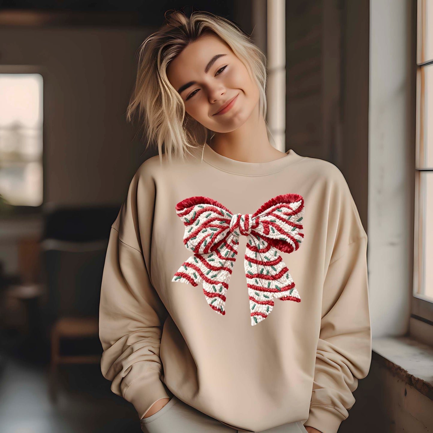 Crochet Faux Yarn Coquette Sweatshirt, Christmas Bow T Shirts, Preppy Christmas Bow Girly Gift Tees