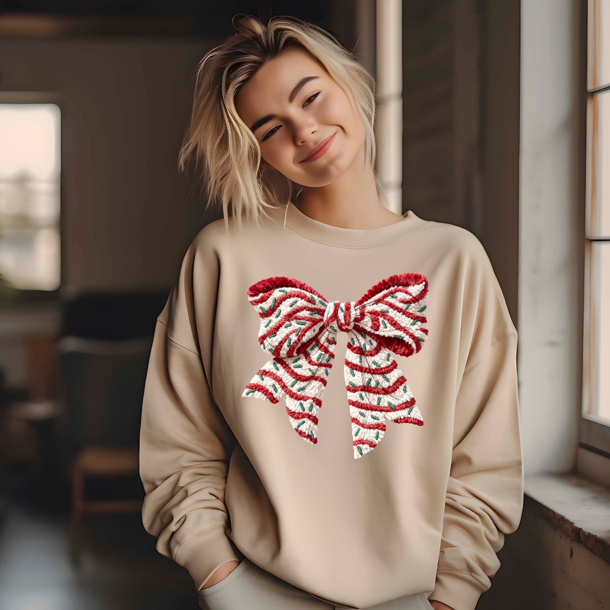 Crochet Faux Yarn Coquette Sweatshirt, Christmas Bow T Shirts, Preppy Christmas Bow Girly Gift Tees