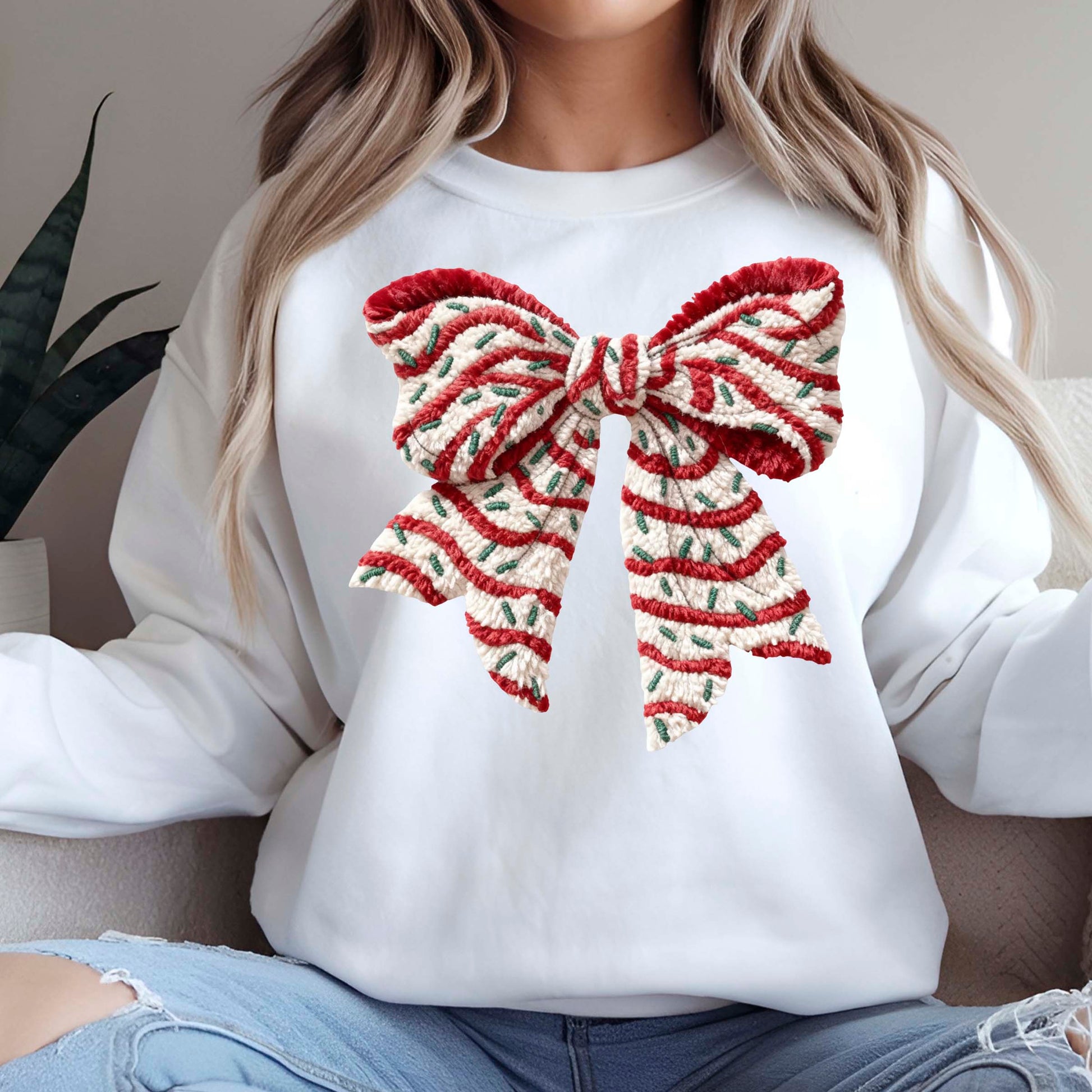 Crochet Faux Yarn Coquette Sweatshirt, Christmas Bow T Shirts, Preppy Christmas Bow Girly Gift Tees