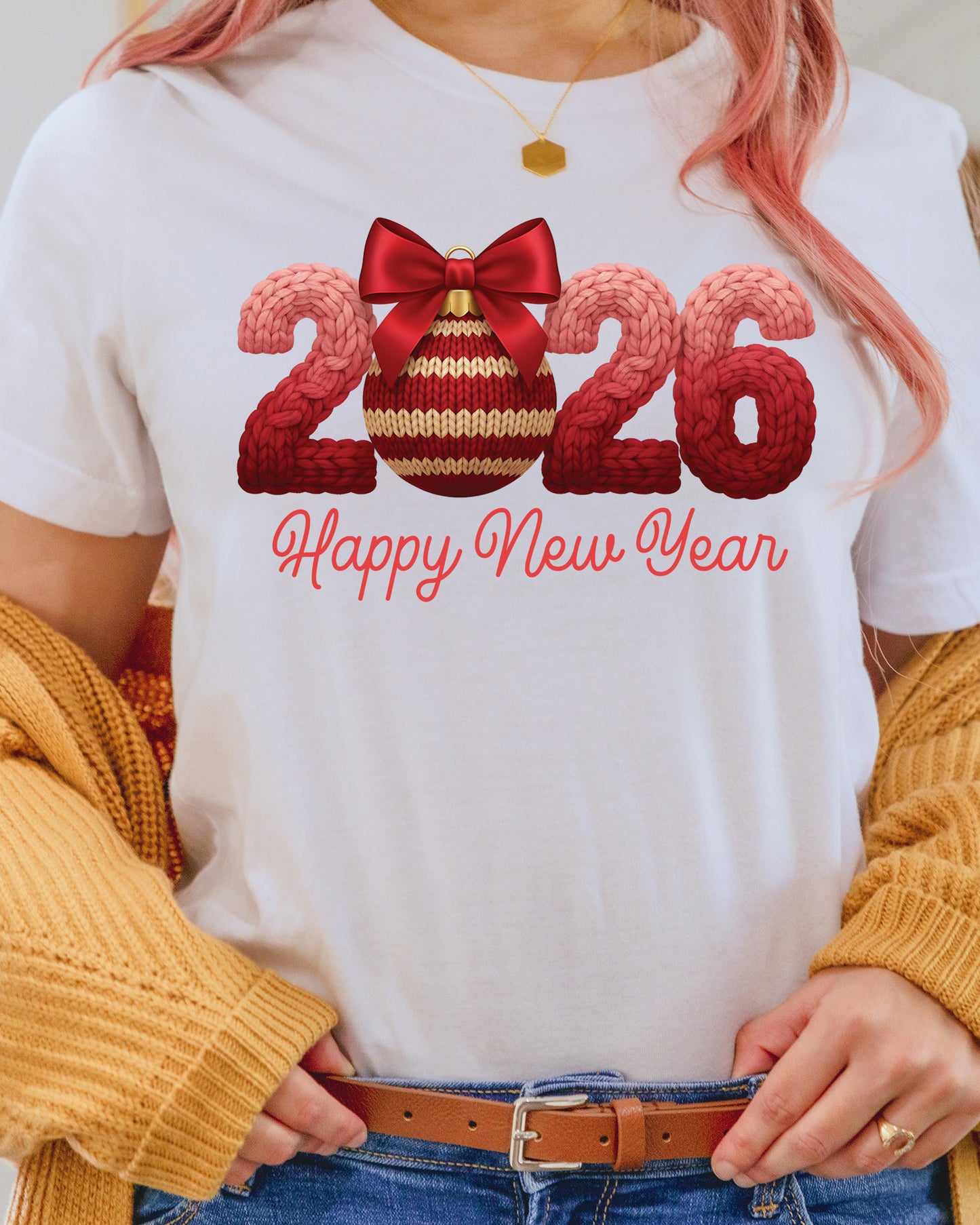 Crochet Happy New Year 2026 Faux DTF Transfer, Ready to Press Heat Transfer for Shirts, Festive Holiday Crochet New Year Design, UV Sticker