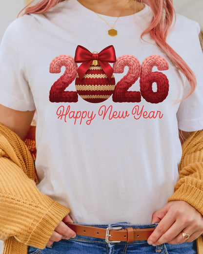 Crochet Happy New Year 2026 Faux DTF Transfer, Ready to Press Heat Transfer for Shirts, Festive Holiday Crochet New Year Design, UV Sticker