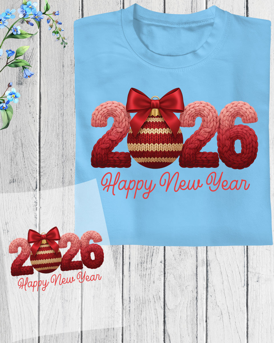 Crochet Happy New Year 2026 Faux DTF Transfer, Ready to Press Heat Transfer for Shirts, Festive Holiday Crochet New Year Design, UV Sticker