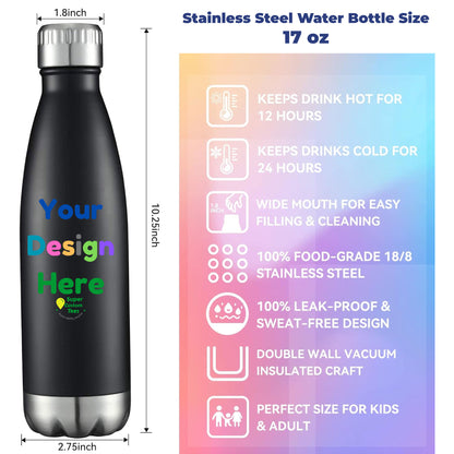 Custom Stainless Steel Water Bottle Insulated Double Wall Metal Sport Reusable Water Bottles - 17 oz