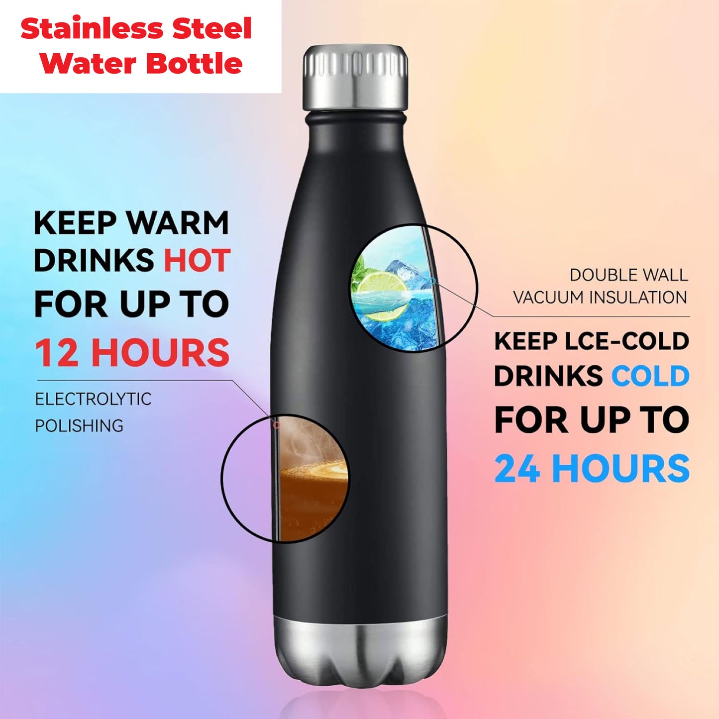 Custom Stainless Steel Water Bottle Insulated Double Wall Metal Sport Reusable Water Bottles - 17 oz