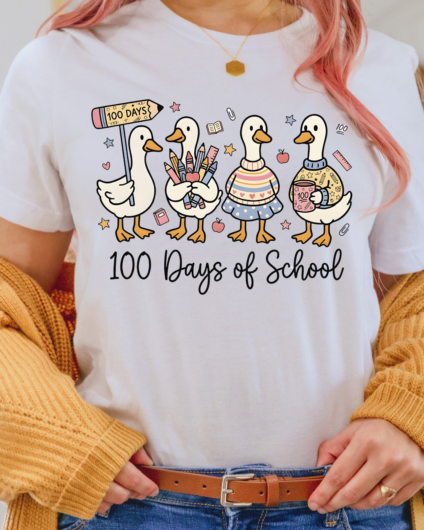 Cute Goose 100 Days Of School DTF Transfer Ready to Press Toddler Ducks Teacher Classroom Heat Application UV Sticker Prints DIY Student Decal