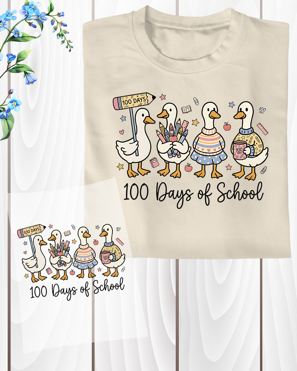 Cute Goose 100 Days Of School DTF Transfer Ready to Press Toddler Ducks Teacher Classroom Heat Application UV Sticker Prints DIY Student Decal