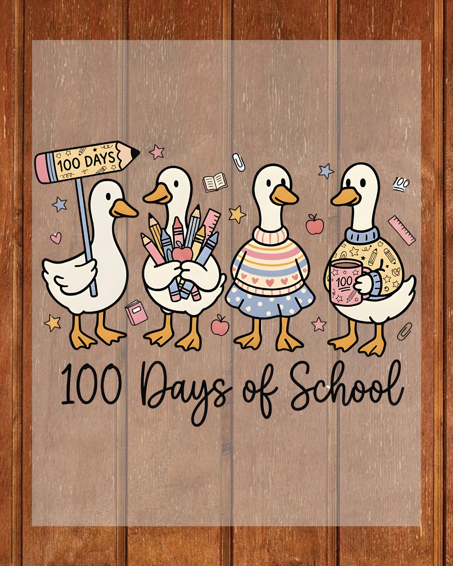 Cute Goose 100 Days Of School DTF Transfer Ready to Press Toddler Ducks Teacher Classroom Heat Application UV Sticker Prints DIY Student Decal
