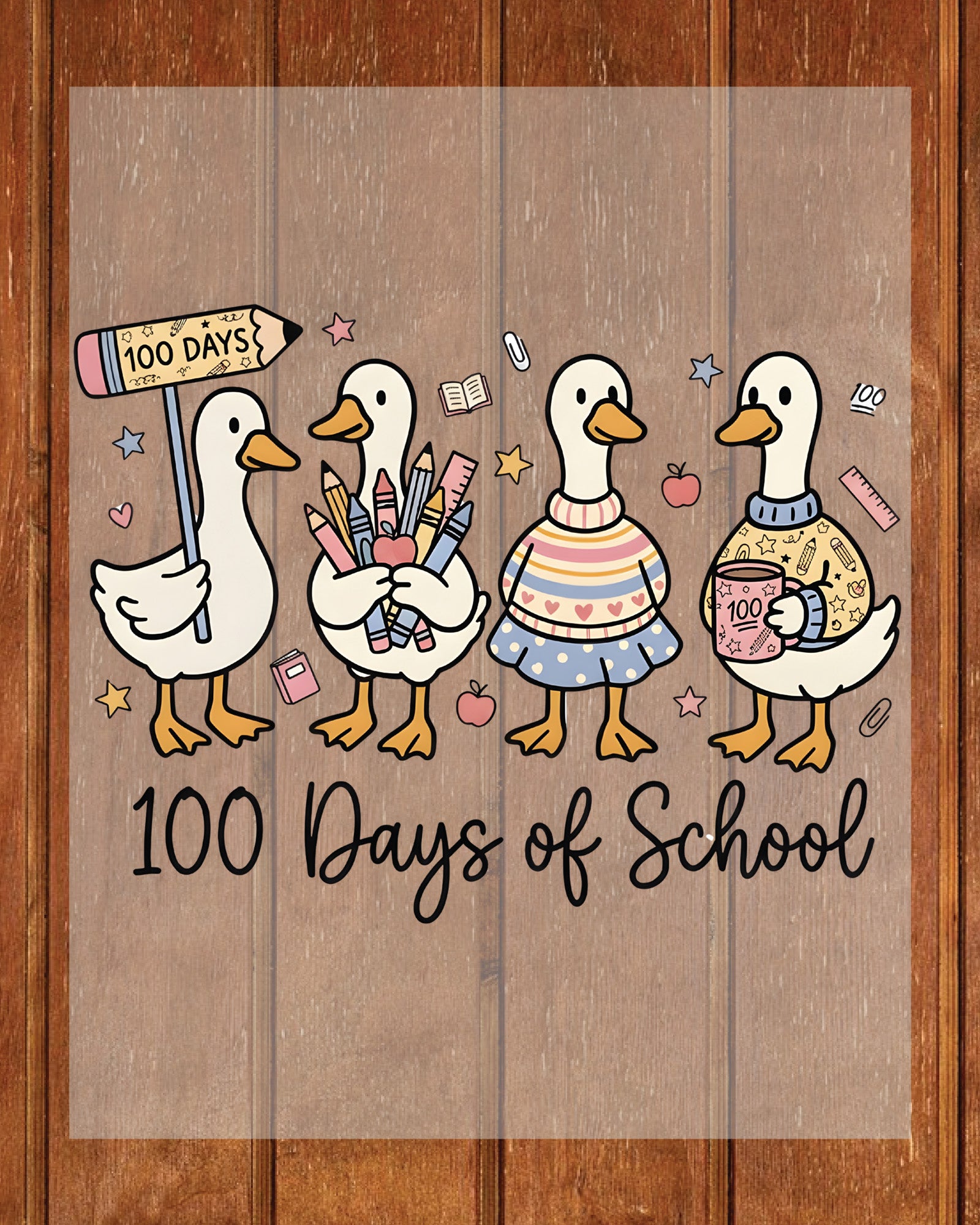 Cute Goose 100 Days Of School DTF Transfer Ready to Press Toddler Ducks Teacher Classroom Heat Application UV Sticker Prints DIY Student Decal