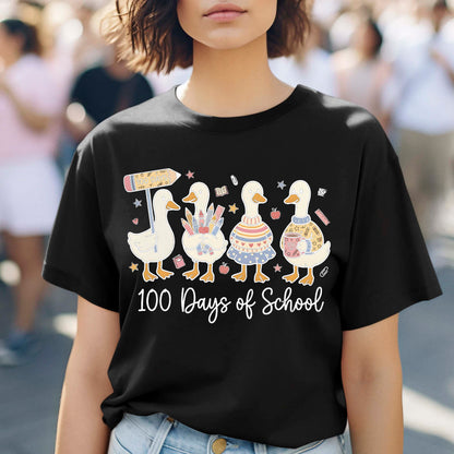 Cute Goose 100 Days of School T Shirt Ducks Teacher 100 Days of School Shirt for Kids Boys Girls Women Men Classroom Celebration Tee