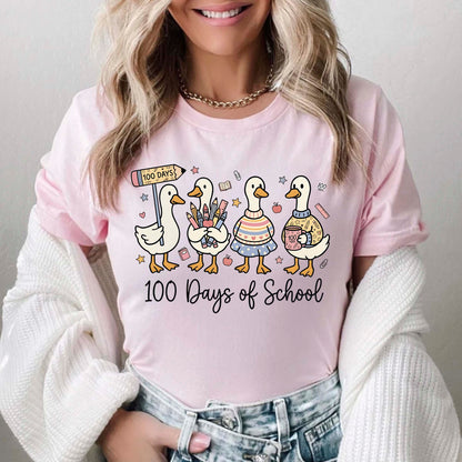 Cute Goose 100 Days of School T Shirt Ducks Teacher 100 Days of School Shirt for Kids Boys Girls Women Men Classroom Celebration Tee