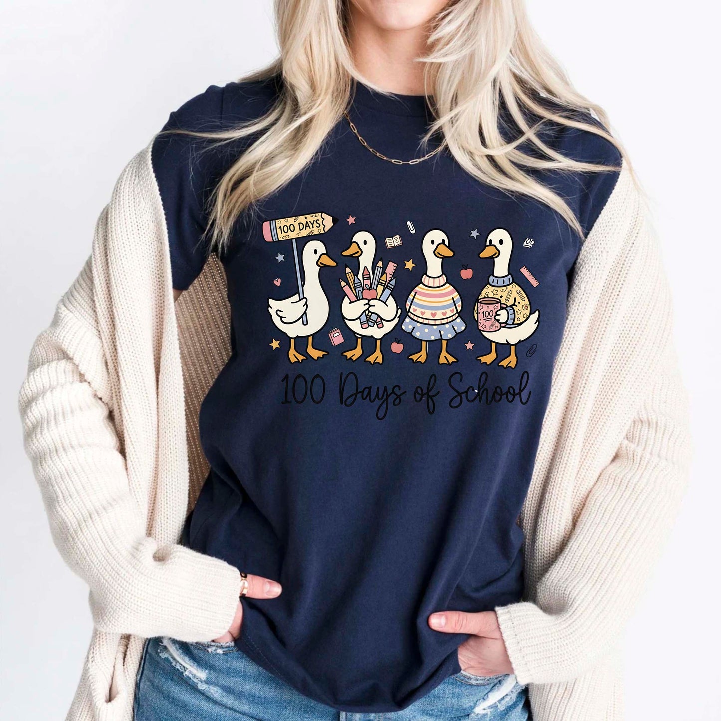 Cute Goose 100 Days of School T Shirt Ducks Teacher 100 Days of School Shirt for Kids Boys Girls Women Men Classroom Celebration Tee
