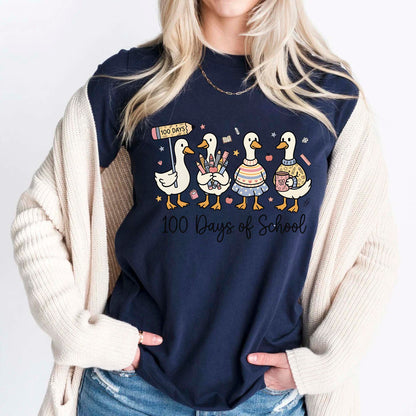 Cute Goose 100 Days of School T Shirt Ducks Teacher 100 Days of School Shirt for Kids Boys Girls Women Men Classroom Celebration Tee