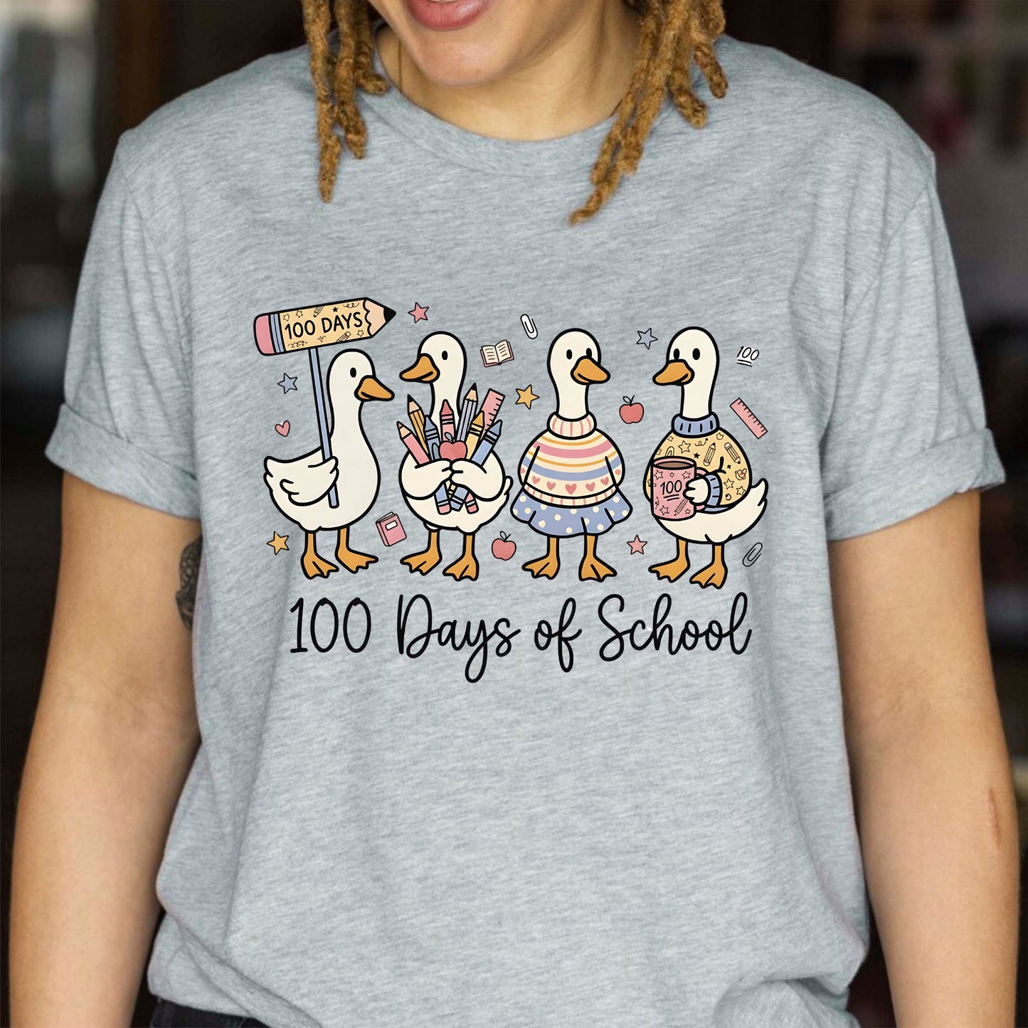 Cute Goose 100 Days of School T Shirt Ducks Teacher 100 Days of School Shirt for Kids Boys Girls Women Men Classroom Celebration Tee